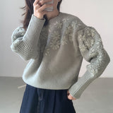 Thanksgiving Gift Vintage Daisy Embroidery Sweaters Women Korean Style Loose Lantern Sleeves Knit Pullovers Female Autumn Winter Thick Warm Jumper