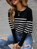 Joskaa Autumn Winter New O-Neck Knit Pullover Black Thread Cuff Casual Long Sleeve Top Sweaters With Button Stripe Sweater For Women