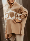 women fashion long sleeve pullovers Top Letter Heart Print  v neck Split hemSweater autumn jumper