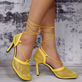 2022 Summer Women High Heels Pumps Sandals Square Toe Ankle Strap Gladiator Sandles Woman Sexy Yellow Mesh Hollow   Shoes