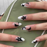 Joskka Short Almond Y2k Nails Press On Nail With Black Pentacle Star Designs 24pcs White French False Nails Rhinestone Fake Nail Tips August Nails 2023