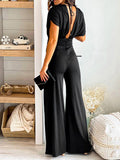 Elegant Sexy V Neck Lady Jumpsuit Solid Backless High Waist Women Romper Office Fashion Wide Leg Pant One-Piece Playsuit Overall