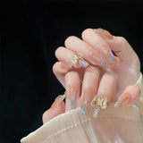 Joskka 24pcs Press On Nails Long Pink Heart Silver Glitter Coffin False Nails Design Ballerina Fake Nails Fairy Nail