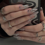 Joskka Wearable Silver Stripes Y2k False Nails Long Almond Round Fashion Nail Tips Press On With Silver Beads Designs Fake Nails August Nails 2023
