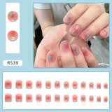 Joskka 24pcs Gradient False Nails Cute Star Printed Design Fake Nail Short Square Faux Ongles Manicure Nail August Nails 2023