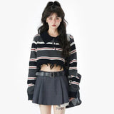Joskaa Deeptown Y2K Harajuku Striped Knitted Cropped Sweater Women Retro Oversized Jumper Vintage Casual Long Sleeve Tops Preppy Style