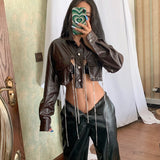 Joskaa Grunge Leather Jacket Brown Crop Tops Fashion Winter Clothes Chains Backless Fake Pu Shorts Coats Harajuku Clubwear