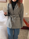 Joskaa New 2022 Woolen Lace Up Jackets Pockets Vintage Korean Fashion Office Chic Autumn Winter Women Blazers Elegant Lady Tops JK9336