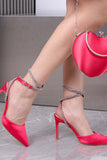 JOSKAA 2024 Fashion Woman shoes girls shoesSatin Rhinestone Lace Up High Heels