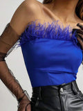 Joskaa Feather Splice Bra Vest Women Fashion Sleeveless Off Shoulder T-shirt Spring New  Ladies Sexy Waist Bandeau Top