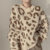 Joskaa MEXZT Streetwear Women Vintage Leopard Sweaters Pullovers Autumn Winter Fashion Harajuku Loose O-Neck Lazy Wind Korean Y2k Tops