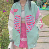 Joskaa Deeptown Punk Skeleton Heart Print Hoodies Women Hip Hop Harajuku Oversized Zip Up Sweatshirts Female Retro Green Casual Jacket
