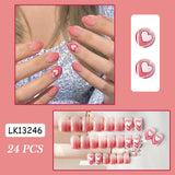 Joskka 24pcs/set Fake Nails Gradient Pink Love Designs False Nails With Glue Short Square Cute Sweet Nail Art Press On Fake Nail Tips August Nails 2023
