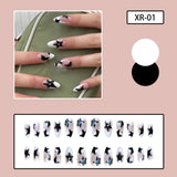 Joskka Short Almond Y2k Nails Press On Nail With Black Pentacle Star Designs 24pcs White French False Nails Rhinestone Fake Nail Tips August Nails 2023