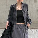 Joskaa Heyoungirl Grunge Basic Zipper Jackets Women Slim Sweats Knit Top Fashion High Street Ladies Cardigans Harajuku Gray Coats Shirt