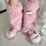 Joskka Punk Style Plush Slippers Fur Boots Outfit European And American Party Boots 2023 Autumn INS Flats Metal Buckle Slippers