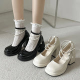 JOSKAA Y2K Chunky Platform High Heels Pumps Women Summer Patent Leather Black White Lolita Shoes Woman Pearl Ankle Straps Pumps