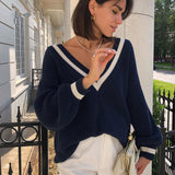 Joskaa Striped Knitted Sweater Women Winter Autumn Oversize Warm Casual Loose Jumper Thick Vintage V Neck Sweaters For Women 2022 New