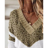 Fashion Colorblock Leopard Cheetah Print Sweater for Women Autumn Winter Ladies V-Neck Casual Top Long Sleeve Casual Sweater