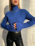 Joskaa Knitted Women's Sweater 2022 Autumn Winter Turtleneck Casual Loose Flare Sleeve Crop Top Female Jumper Blue Short Slim Pullover