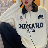 Joskaa Deeptown Y2K Vintage Oversized Hoodies Women Harajuku Hippie Letter Print Sweatshirts Zip Up Polo Collar Loose Casual Retro Tops
