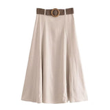 Joskka Solid Long Skirt 2023 New High Waist Elegant Casual Belt Long Skirts Vintage Simple Female New Fall Dress