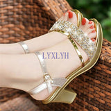 Joskaa Sandals Women's New High-Heeled Women's Sandals One Word Buckle Rhinestone Thick With Fish Mouth Women's Shoes