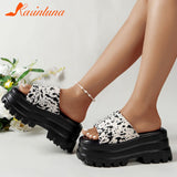 Joskka 2023 Summer Brand New Women Single Band Platform Sandals Black Nylon Chunky Platform Wedges Slipper Sandals