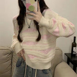 Joskaa MEXZT Women Sweet Striped Japanese Knitted Sweater Elegant Long Sleeve Loose Pullovers Autumn Winter Chic V-Neck All-Match Tops