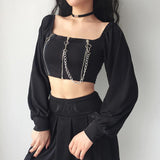 Joskaa Deeptown Gothic Black Women T Shirts Crop Top Y2k Streetwear Vintage Sexy Grunge Harajuku Long Sleeve Zip Up Punk Kpop Fashion