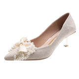 Joskaa Spring New Lace Bowknot Women Pumps Fashion Pearl Thin High Heels Wedding Party Shoes Woman Sexy Pointed Toe Sandals