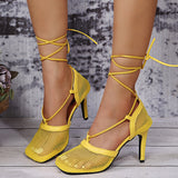 2022 Summer Women High Heels Pumps Sandals Square Toe Ankle Strap Gladiator Sandles Woman Sexy Yellow Mesh Hollow   Shoes