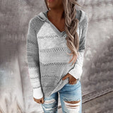 Joskaa New Fall Winter Patchwork Hooded Sweaters For Women Long Sleeve V-Neck Slim Pullover Tops Jumper Plus Size Female Knit Sweaters